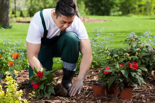Professional landscaping workers in PPE on a Wallington site